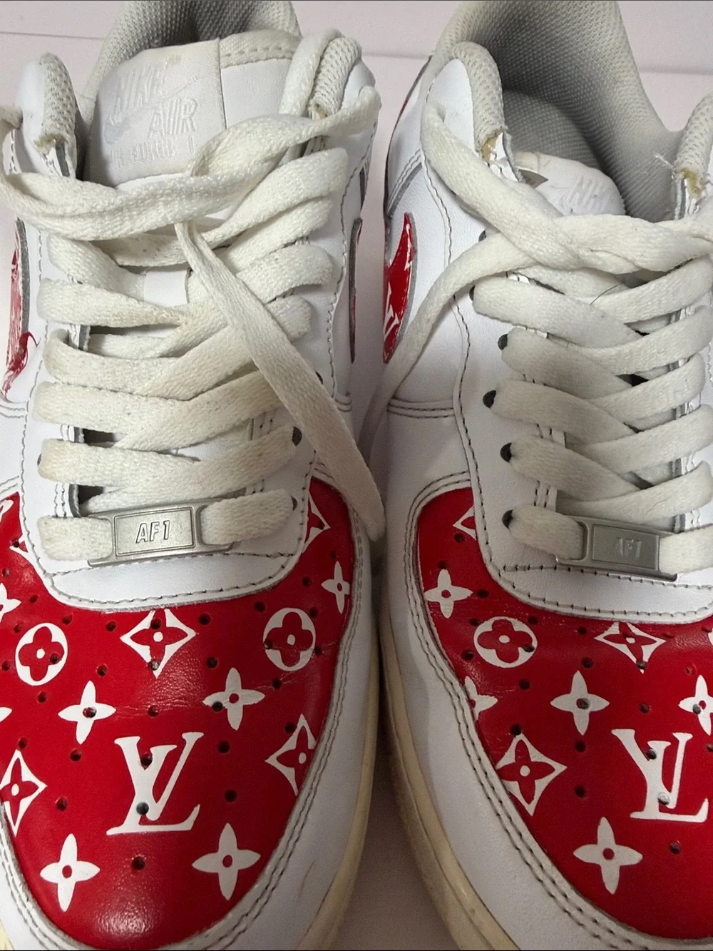 Custom AirForce 1 Nike Air Louis Vuitton White and Red Men's Athletic Sneakers